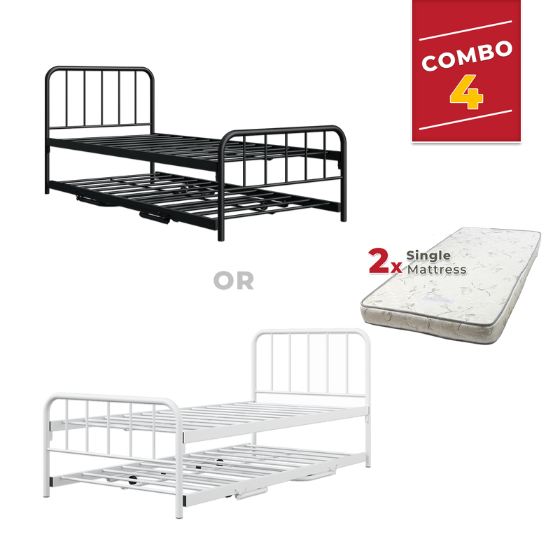 [COMBO Bedframe+Mattress] Single Trundle Bed/Pop-out Day Bedframe White/Black FREE Single 3x5FT Mattress