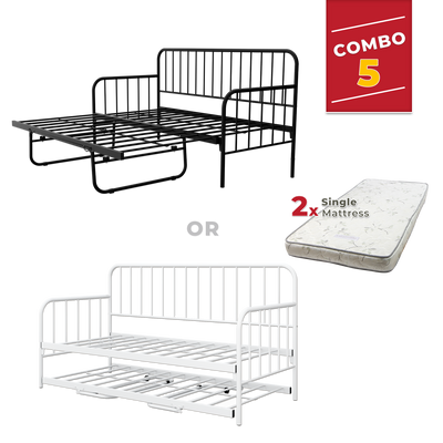 [COMBO Bedframe+Mattress] Single Trundle Bed/Pop-out Day Bedframe White/Black FREE Single 3x5FT Mattress