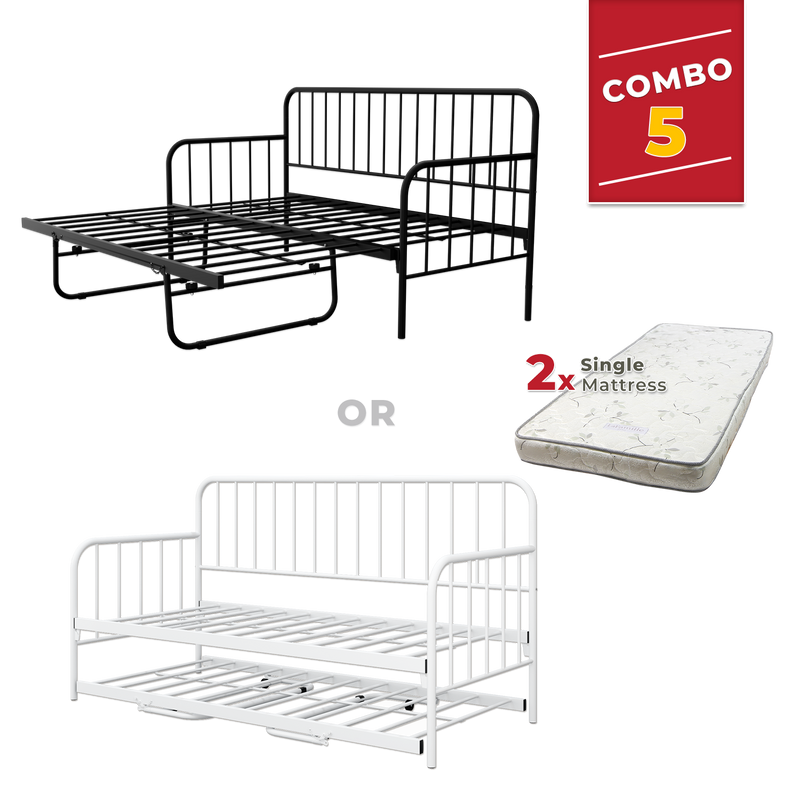 [COMBO Bedframe+Mattress] Single Trundle Bed/Pop-out Day Bedframe White/Black FREE Single 3x5FT Mattress