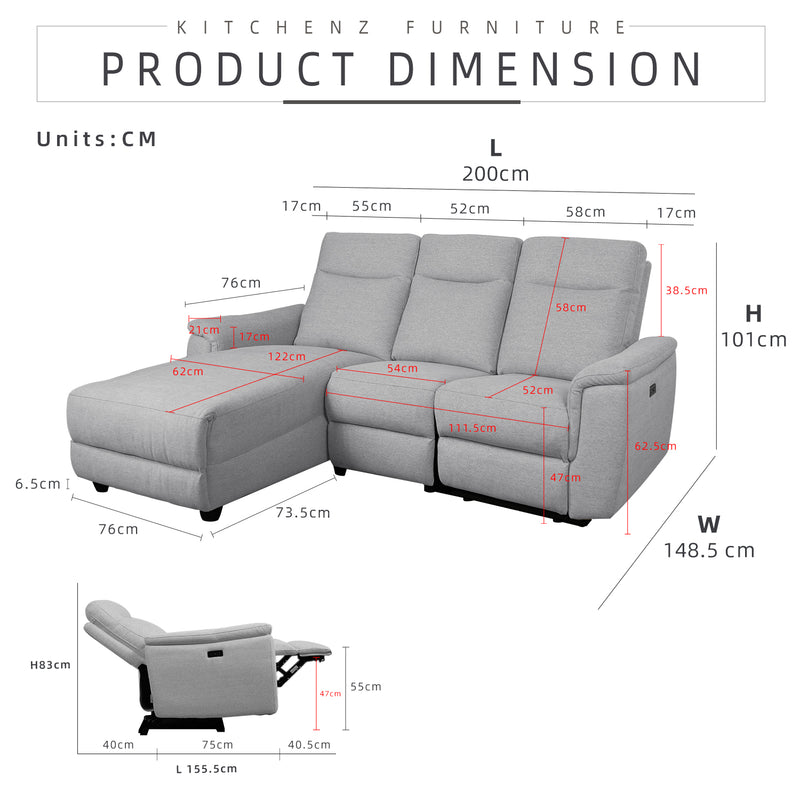 6.5FT 3 Seater Power Recliner Linen Fabric Sofa Electrical Recliner Sofa Bed / Cream / Grey - HMZ-FN-SF-50763