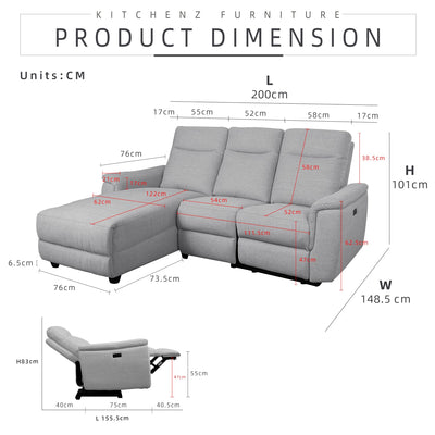 [PERFECT COMBO 3in1] - FREE SHIPPING 6.5FT 3 Seater Linen Fabric Power Recliner Sofa Coffee Table Free Gift 3-Tier Trolley Rack Living Room Combo Set - 50763-CR-L/GY-R+2905-WT+3TIER-WT