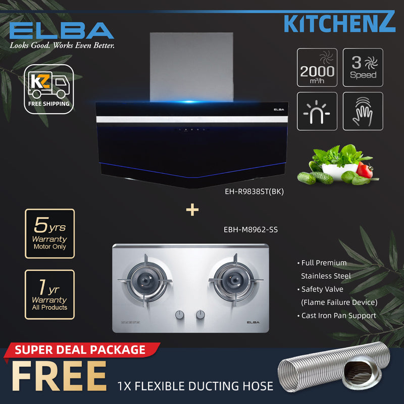 (FREE Shipping) Elba 2 Burners Combo Set with Hood 5Kw Safety Valve Built-in Stainless Steel Hob / Full Premium Stainless Steel - EBH-M8962-SS FREE Gift