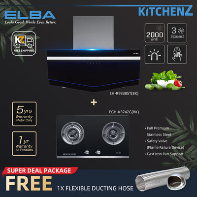 [FREE Shipping] Elba 2 Burners 5Kw Safety Valve Built-in Tempered Glass Hob EGH-K8742G(BK) / Combo Set