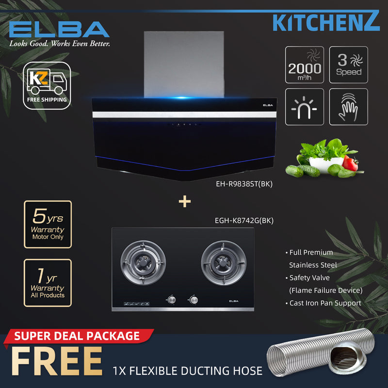 [FREE Shipping] Elba 2 Burners 5Kw Safety Valve Built-in Tempered Glass Hob EGH-K8742G(BK) / Combo Set