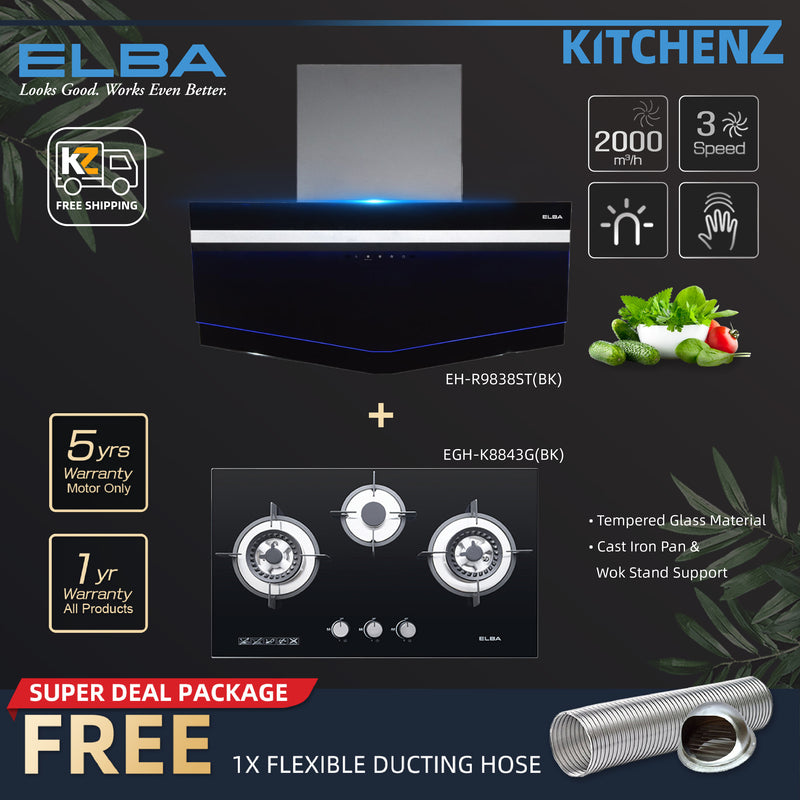 (FREE Shipping) Elba 3 Burners Tempered Glass Stove Combo Set with Hood 5Kw Safety Valve Built-in - EGH-K8843G(BK)