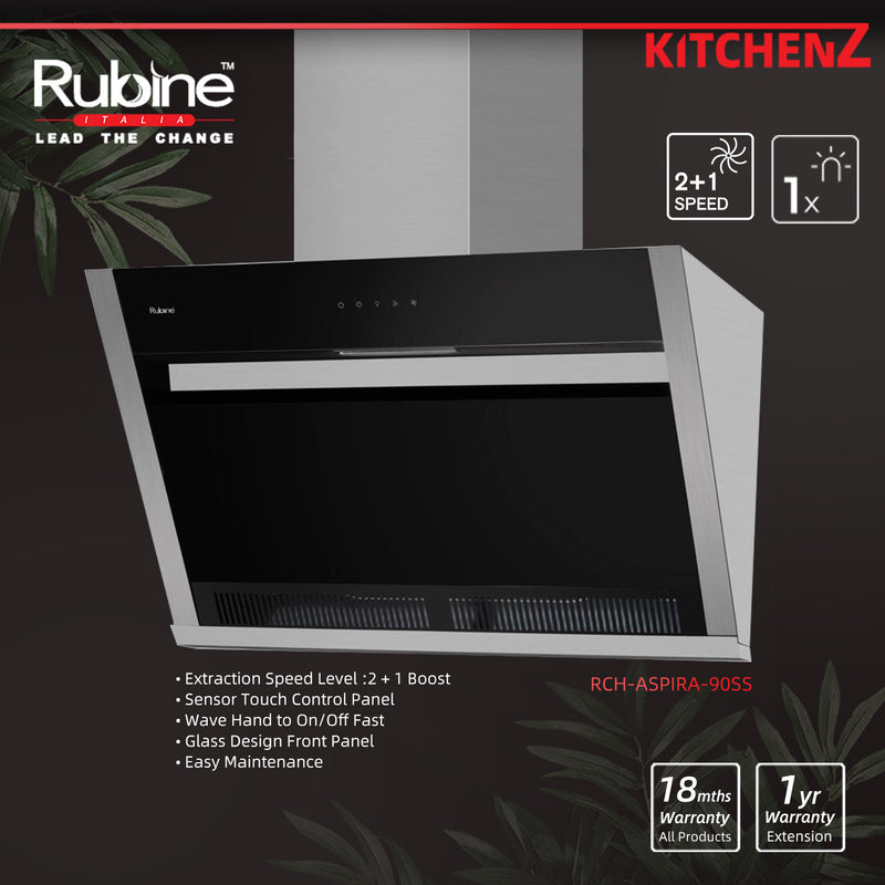 Rubine Slanted Hood ASPIRA-90SS + Built-in Hob Gas Stove Hob Tempered Glass 2 Burner - RCH-ASPIRA-90SS