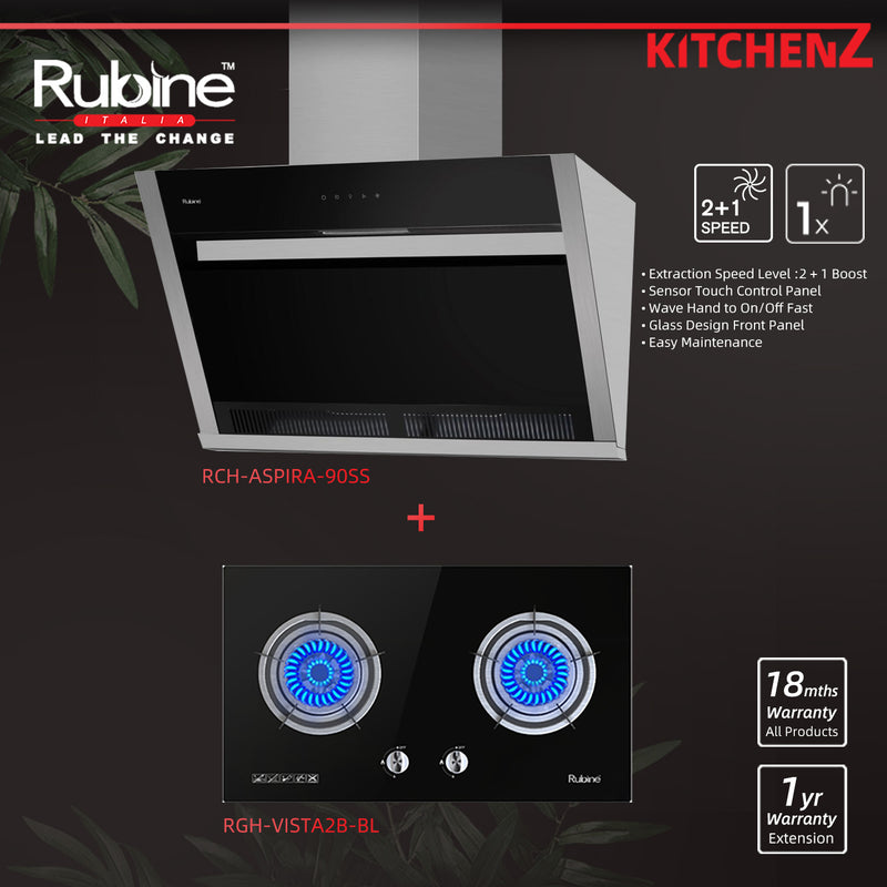 Rubine Slanted Hood ASPIRA-90SS + Built-in Hob Gas Stove Hob Tempered Glass 2 Burner - RCH-ASPIRA-90SS