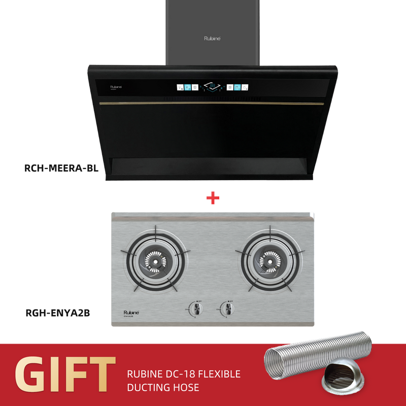 (FREE Shipping) Rubine Slanted Hood 2200 m³/hr Stainless Steel - RCH-MEERA-BL + 5.0Kw Stainless Steel Surface Built-in Hob - RGH-ENYA2B-SS