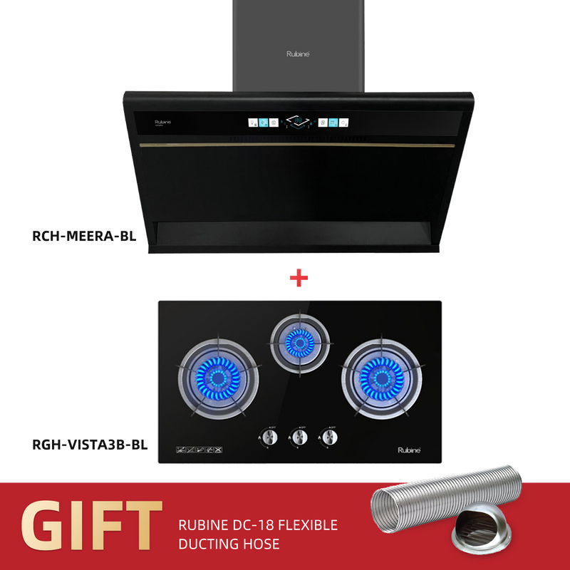 (FREE Shipping) Rubine Slanted Hood 2200 m³/hr Stainless Steel - RCH-MEERA-BL + Built-in Hob - RGH-VISTA3B-BL with Ducting Hose DC18