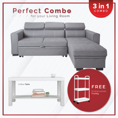 [PERFECT COMBO 3in1] - FREE SHIPPING 6.6FT L-Shape Leathaire Sofa Bed Coffee Table Free Gift 3-Tier Trolley Rack Living Room Combo Set - Y2960+2905-WT+3TIER-WT