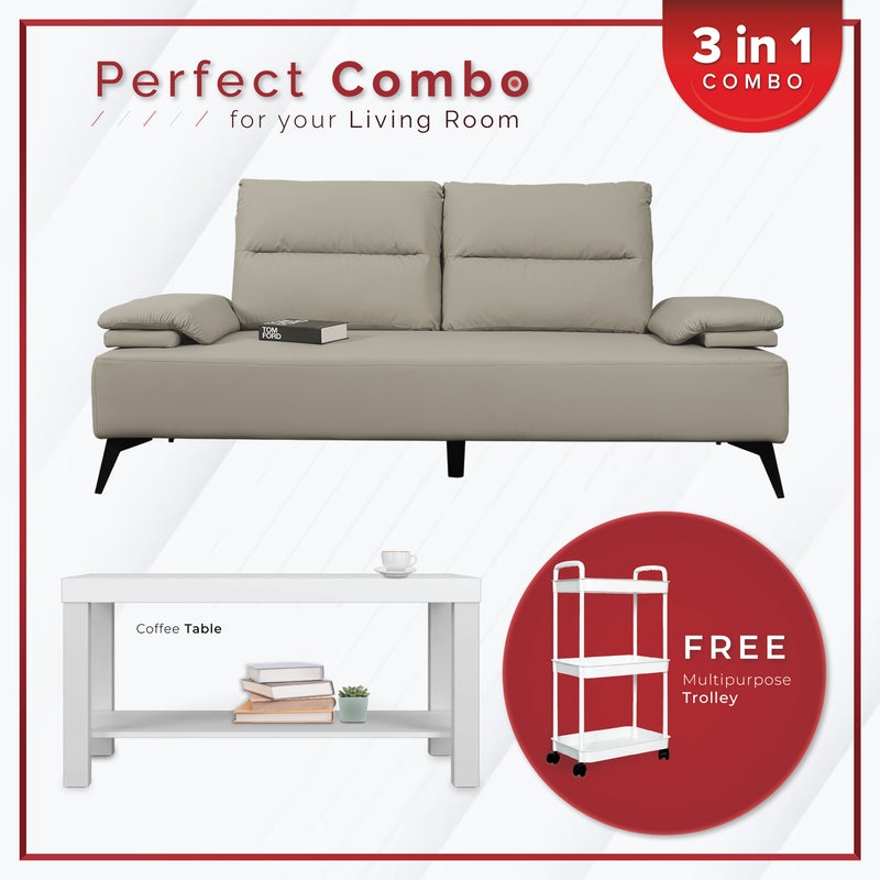 [PERFECT COMBO 3in1] - FREE SHIPPING 6.4FT 2 Seater Pet Friendly Sofa Coffee Table Free Gift 3-Tier Trolley Rack Living Room Combo Set - 8655-LGY/DGY+2905-WT+3TIER-WT