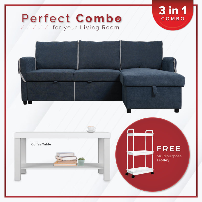 [PERFECT COMBO 3in1] - FREE SHIPPING 4.2FT 3 Seater L Shape Sofa Bed with Storage Coffee Table Free Gift 3-Tier Trolley Rack Living Room Combo Set - ESF4486-BL+2905-WT+3TIER-WT