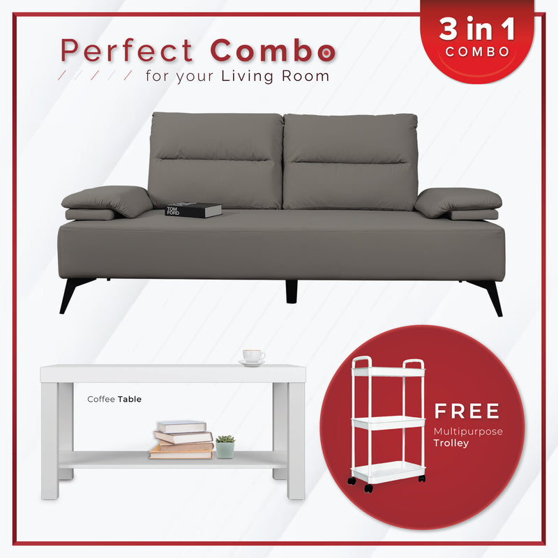 [PERFECT COMBO 3in1] - FREE SHIPPING 6.4FT 2 Seater Pet Friendly Sofa Coffee Table Free Gift 3-Tier Trolley Rack Living Room Combo Set - 8655-LGY/DGY+2905-WT+3TIER-WT