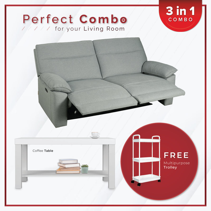 [PERFECT COMBO 3in1] - FREE SHIPPING 6.5FT 2 Seater Linen Fabric Power Recliner Sofa Bed Coffee Table Free Gift 3-Tier Trolley Rack Living Room Combo Set - 50857-BL+2905-WT+3TIER-WT