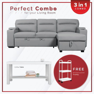 [PERFECT COMBO 3in1] - FREE SHIPPING 7.4FT 3 Seater Pet Friendly L Shape Multifunctional Sofa Coffee Table Free Gift 3-Tier Trolley Rack Living Room Combo Set - S8048-CL/GY+2905-WT+3TIER-WT