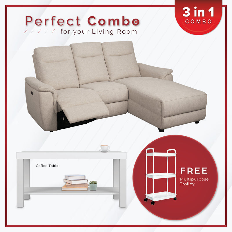 [PERFECT COMBO 3in1] - FREE SHIPPING 6.5FT 3 Seater Linen Fabric Power Recliner Sofa Coffee Table Free Gift 3-Tier Trolley Rack Living Room Combo Set - 50763-CR-L/GY-R+2905-WT+3TIER-WT