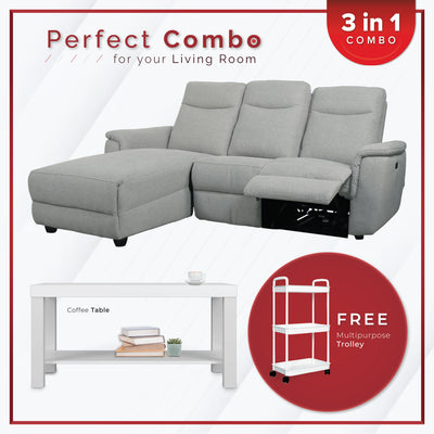 [PERFECT COMBO 3in1] - FREE SHIPPING 6.5FT 3 Seater Linen Fabric Power Recliner Sofa Coffee Table Free Gift 3-Tier Trolley Rack Living Room Combo Set - 50763-CR-L/GY-R+2905-WT+3TIER-WT