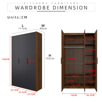 192cm High 3 Door Wardrobe With Matte Black Plastic Handle / Almari Baju / Almari Pakaian-HMZ-FN-WD-6018