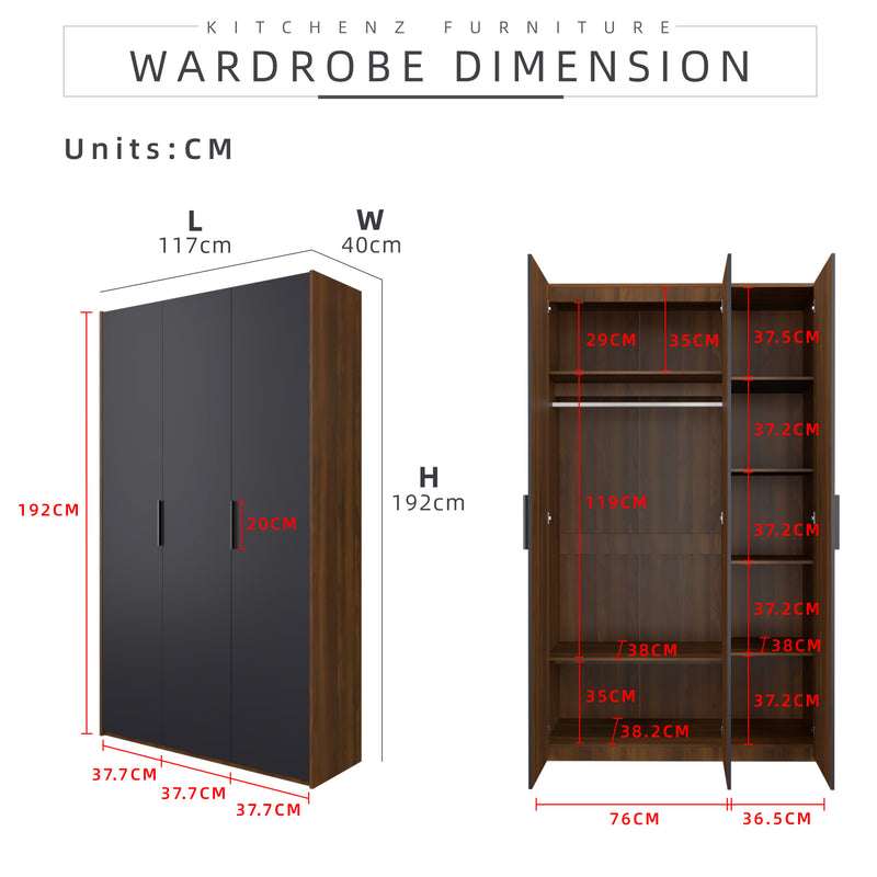 192cm High 3 Door Wardrobe With Matte Black Plastic Handle / Almari Baju / Almari Pakaian-HMZ-FN-WD-6018