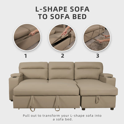(FREE Shipping) 7.4FT/6.7FT 3 Seater Leathaire Sofa Bed / TPU Pet Friendly Sofa Bed / L Shape Sofa Multifunctional Sofa Bed With Cup Holder and Storage Box - Dark Grey/Light Grey/Clay