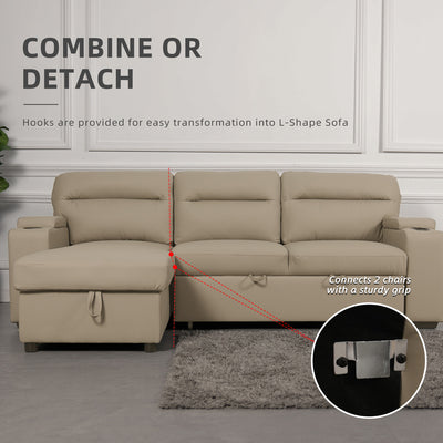 (EM) 7.4FT 3 Seater Leathaire Sofa Bed / TPU Pet Friendly Sofa Bed / L Shape Sofa Multifunctional Sofa Bed With Cup Holder and Storage Box - Grey/Clay
