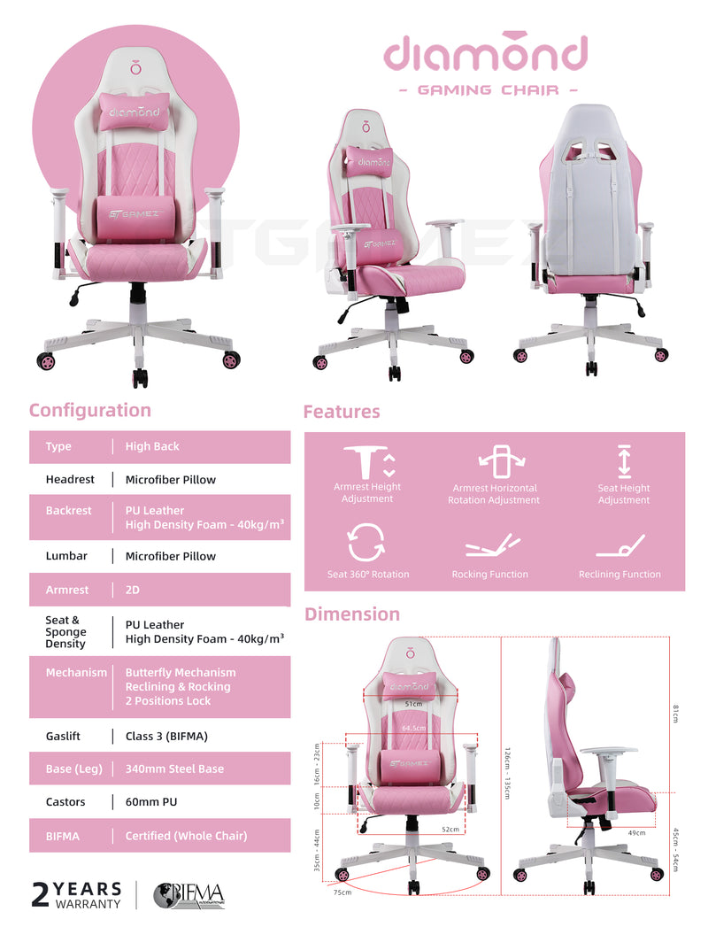 (EM) Diamond High Back PU Leather / Mesh Back E-Sports Gaming Chair with Ergonomic Design / Support Pillows-HMZ-GC-DJ-0083