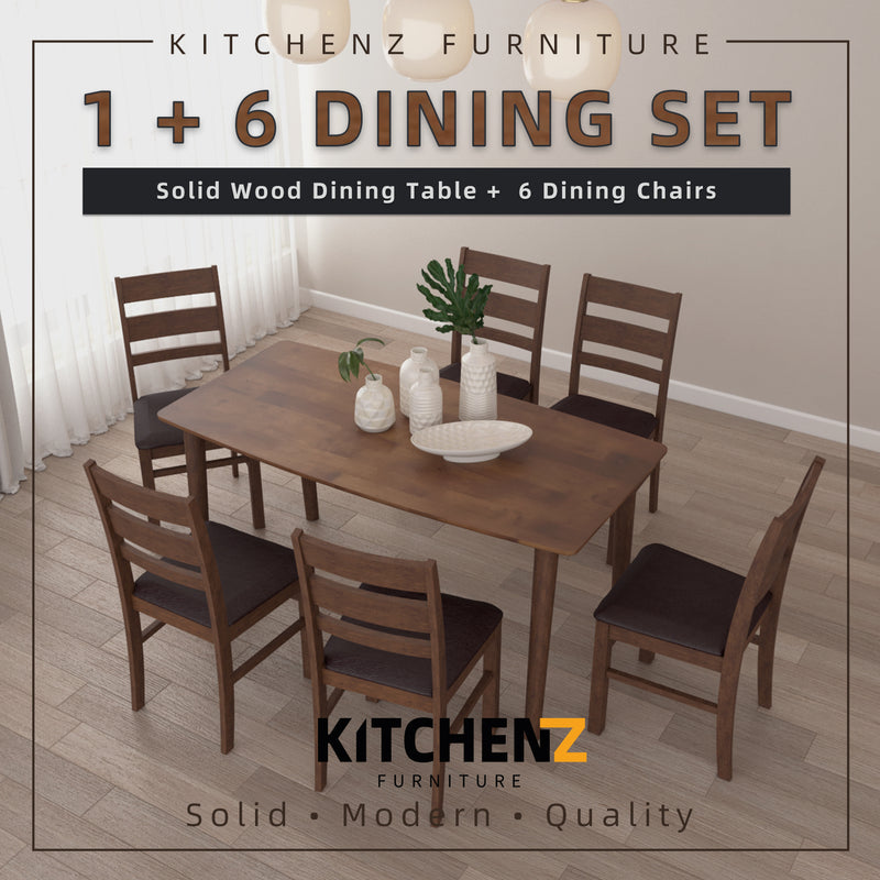 (FREE Shipping) 6 People Seater Aslan Solid Wood Dining Set with 1 Table 6 Chairs-Aslan Dining Set (1+6)