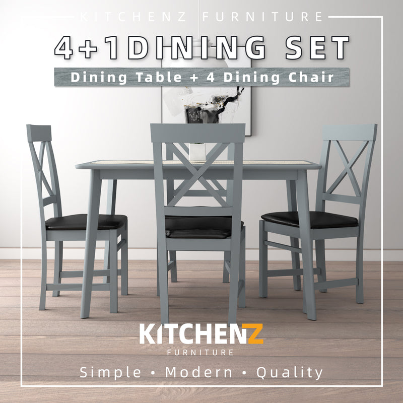 (FREE Shipping) 4 People Seater Grey Dining Set with 1 Table 4 Chairs / Dining Table / Dining Chair / Leather Seat & Solid Wood Leg / Rounded Corner
