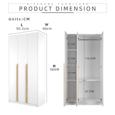 (EM) 3FT 3 Door Wardrobe Particle Board with Hanging Rod-HMZ-FN-WD-S3013