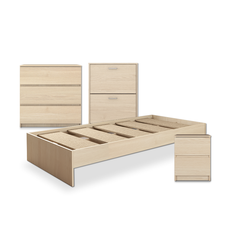 (FREE Shipping) Natural Oak + White Combo Set Chest Drawer / Single Bed Frame / Side Table / Wardrobe / Shoe Cabinet