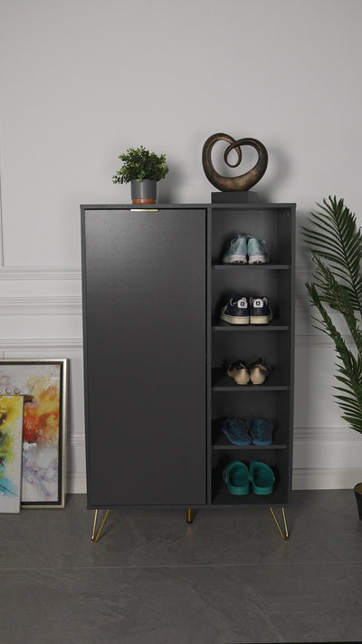 3FT Stellate Series Shoe Cabinet with 1 Door 5 Shelves & Open Storage-HMZ-FN-SR-1881-DGY