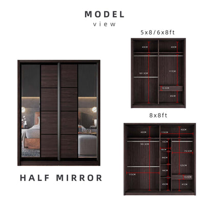 (FREE Shipping & FREE Installation) 5/6/8FT Dark Brown Anti-jump And Sliding Doors Wardrobe With Mirror / Almari Baju