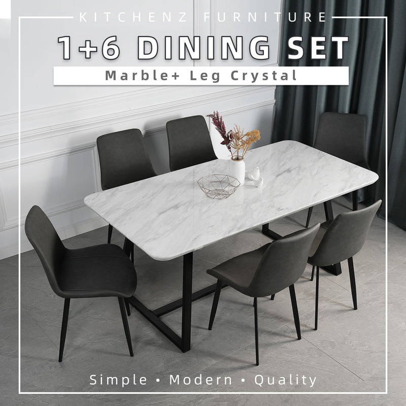 (Free Shipping & Free Installation) 6 People Seater Marble/Ceramic Dining Set Dining Table + 6 Dining Chairs / PU Base-HMZ-FN-DT-8301