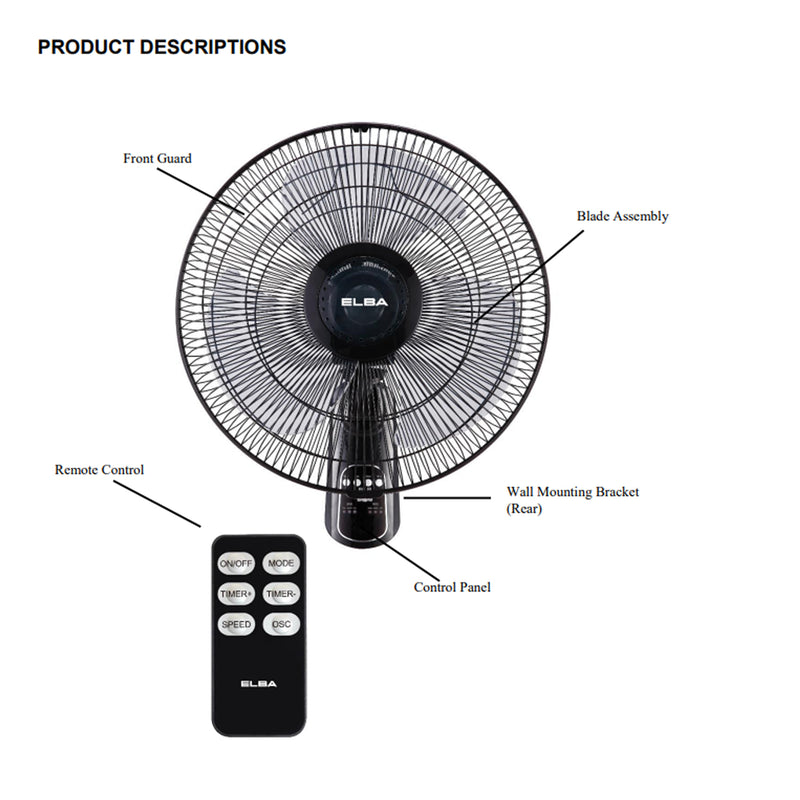 Elba 16" Wall Fan with Remote Control - EWMF-E1646RC(BK)