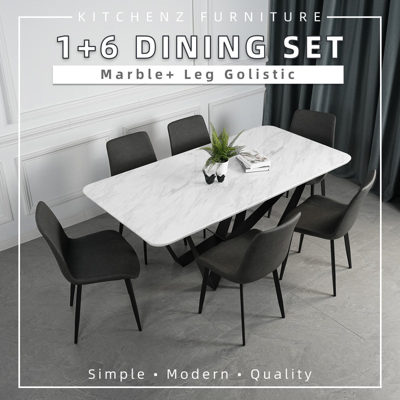 (FREE Shipping & FREE Installation) 6 People Seater Marble/Ceramic Dining Set Dining Table + 6 Dining Chairs - HMZ-FN-DT-8401