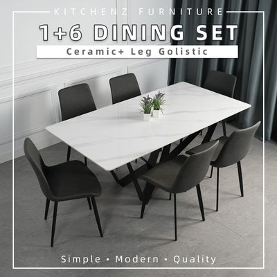(FREE Shipping & FREE Installation) 6 People Seater Marble/Ceramic Dining Set Dining Table + 6 Dining Chairs - HMZ-FN-DT-8401