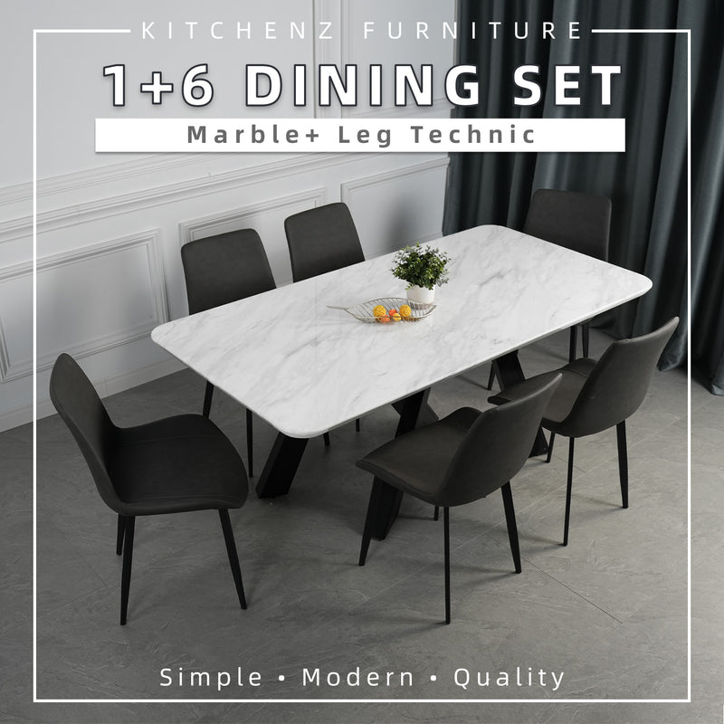 (Free Shipping & Free Installation) 6 People Seater Marble/Ceramic Dining Set Dining Table + 6 Dining Chairs / PU Base-HMZ-FN-DT-8301