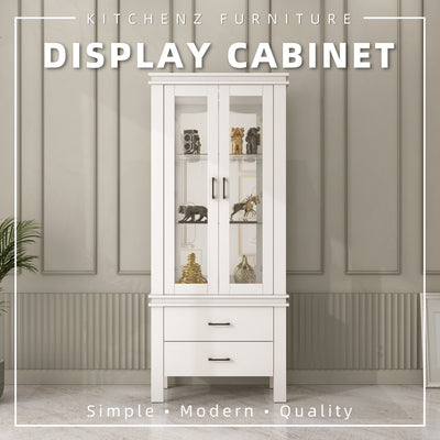 2.6FT Isabella Series 2 Door Glass Display Cabinet with 2 Drawers-DC-I7482-WT