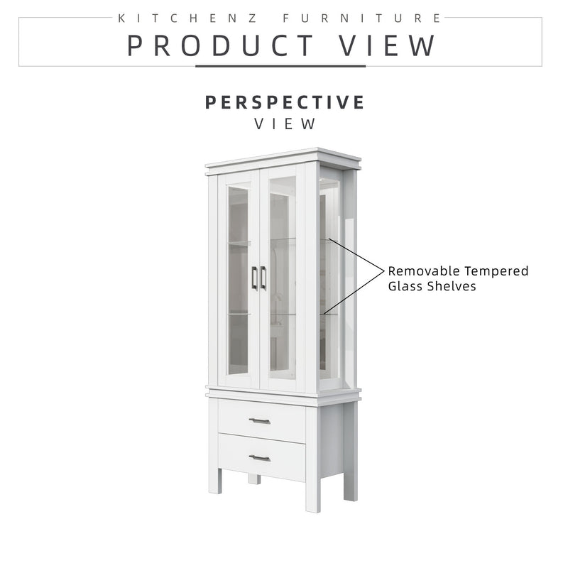 2.6FT Isabella Series 2 Door Glass Display Cabinet with 2 Drawers-DC-I7482-WT