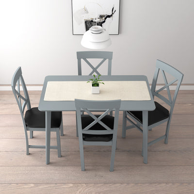 (FREE Shipping) 4 People Seater Grey Dining Set with 1 Table 4 Chairs / Dining Table / Dining Chair / Leather Seat & Solid Wood Leg / Rounded Corner