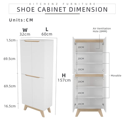(EM) 1.9FT Simona Series Shoe Cabinet Particle Board with 2 Doors 4 Movable Shelves-HMZ-FN-SR-1660-WT
