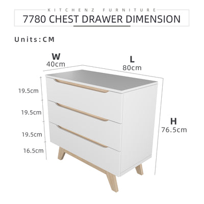 3FT Simona Series Chest Drawer Particle Board with 3 Drawers-HMZ-FN-CD-7780-WT
