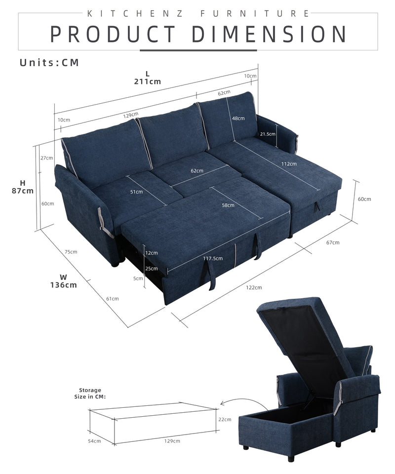 (FREE Shipping) 6.9FT 3 Seater Sofa L Shape Sofa bed with Storage Box/Blue-ESF4486-BL