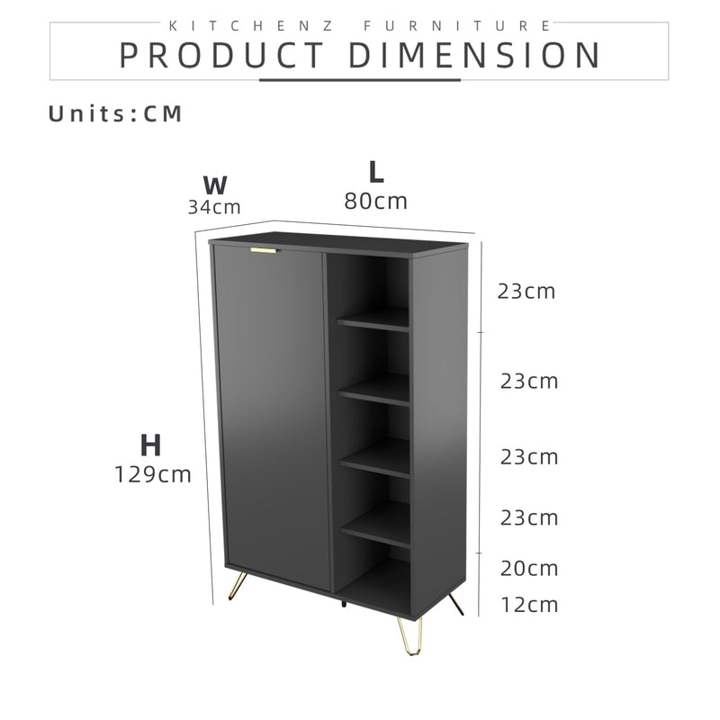 (EM) 3FT Stellate Series Shoe Cabinet with 1 Door 5 Shelves & Open Storage-HMZ-FN-SR-1881-DGY