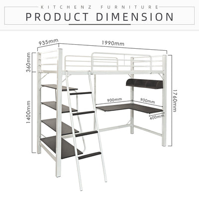 (EM) 6.5FT 3V Loft Bed Frame Study Table & Book Shelves / Single-3VAH904-WHT+WHT