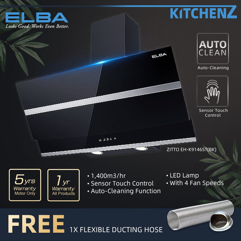 (EM) Elba ZITTO Designer Hood Kitchen Cooker Hood 1400m3/hr Suction Power with Auto Clean Function Sensor Touch Control - EH-K9146ST(BK)