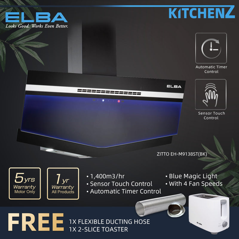 (FREE Shipping) Elba ZITTO Designer Hood Kitchen Cooker Hood 1400m3/hr Suction Power with Auto Clean Function Sensor Touch Control with Free Gift 2 Slice Toaster - EH-K9146ST(BK)/EH-M9138ST(BK)