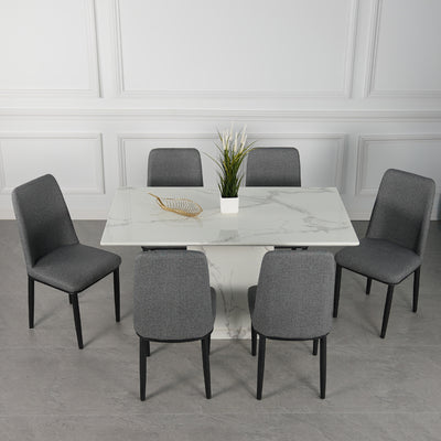 (FREE Shipping & FREE Installation) 6 People Seater Marble Dining Set / Dining Table + 6 Dining Fabric Chairs / PU Base / Full Marble-HMZ-FN-DT-8807/8008-MARBLE