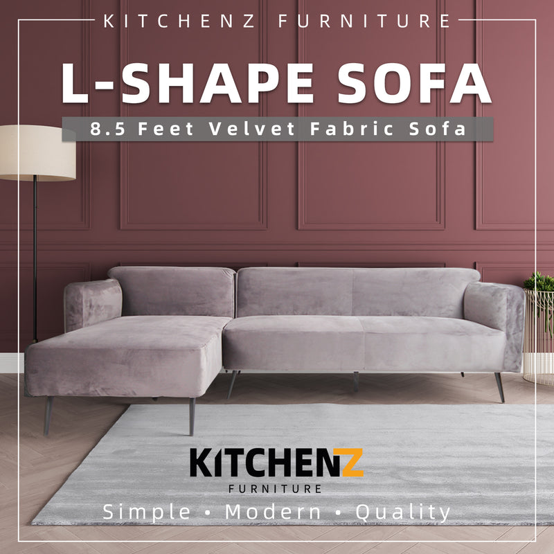 8.5FT L-Shape Velvet Fabric 3 Seater Sofa-HMZ-FN-SF-AE330-CHAISE-L-3S
