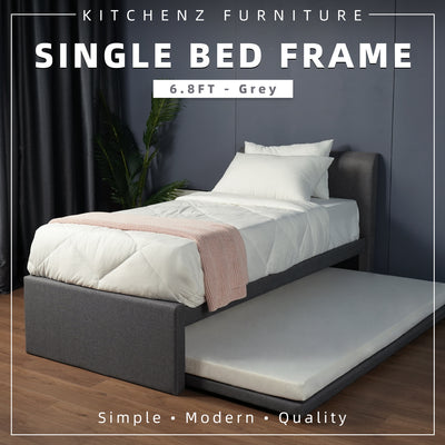 (FREE Shipping) 3.3FT Divan Single Size Bed Frame Pull Out Bed Katil Single High Headboard Linen Fabric Bed Frame-DV012S/DV3363S-GY